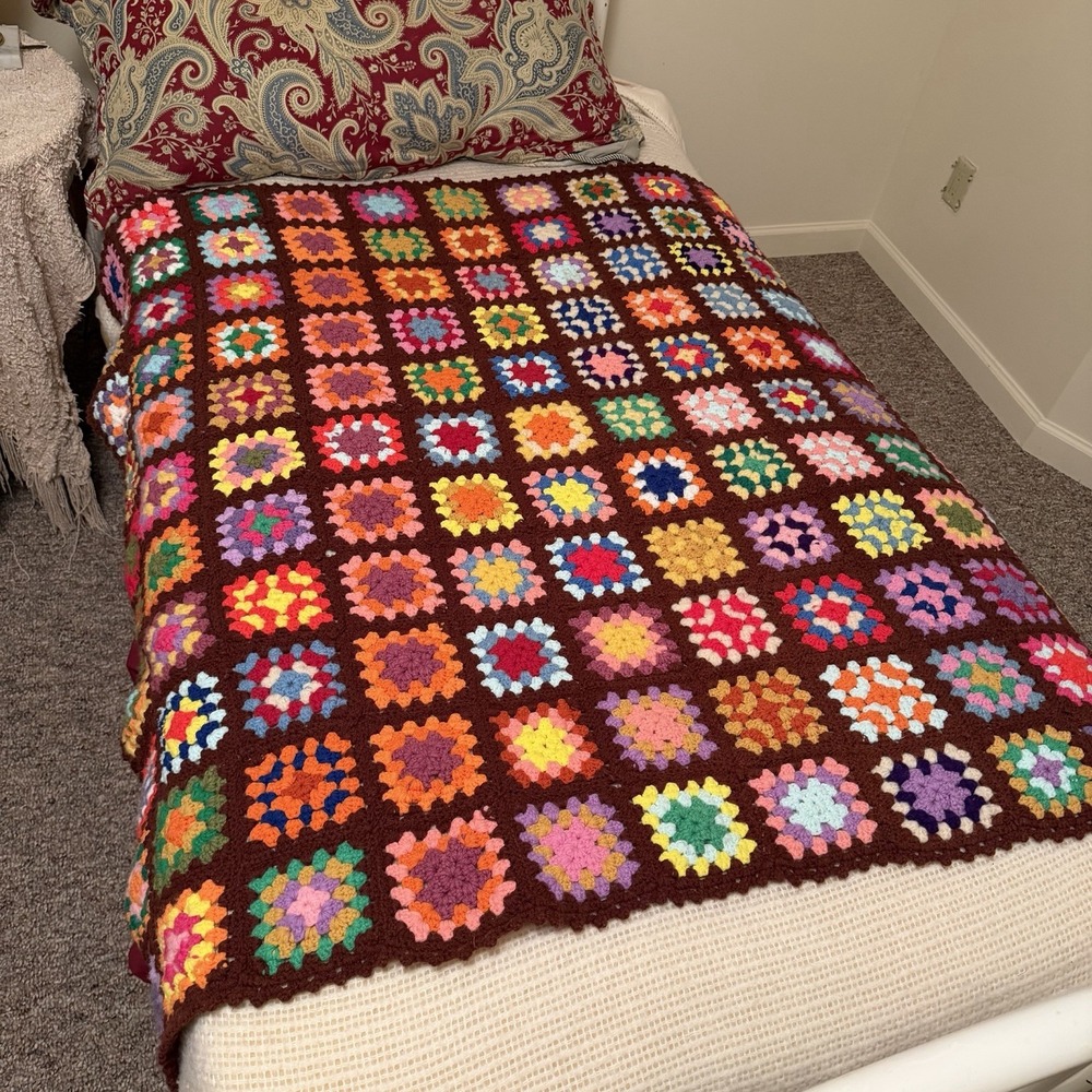 Vtg Crochet Afghan Granny Squares Colorful Roseanne Couch Throw Blanket 51"x48"